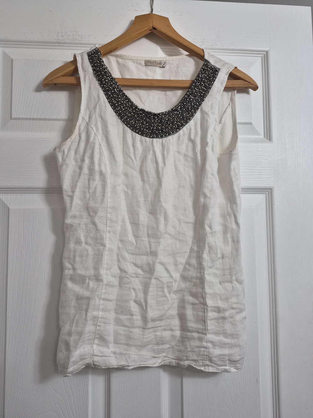White Beaded Scoop-Neck Sleeveless Tank Top